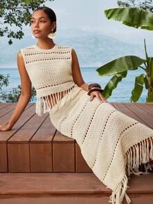 Travachic Women's Vacation Fashion Hollow-Out Camisole And Tassel Hem Skirt 2 Pieces Set - Apricot - View 3