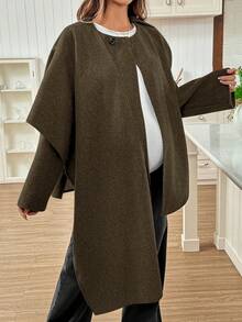 SHEIN Maternity Solid Color Shawl Collar Loose Casual Jacket, Autumn/Winter - Brown - View 4