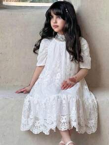 女童优雅蕾丝网纱刺绣泡泡袖宽松A字娃娃裙，女童拼接荷叶边下摆休闲连衣裙，白色，适合日常、婚礼、派对、假日、花童等场合 - 白色 - 查看 4