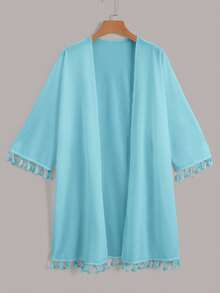 Swim Basics Women's Solid Color Fringe Decor Casual Vacation Kimono Cover Up - Mint Blue - View 1