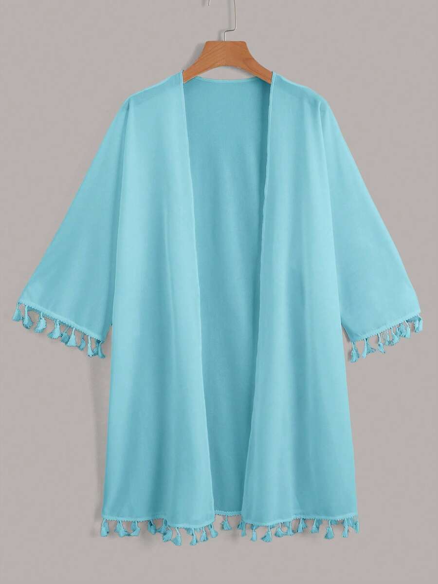 Swim Basics Women's Solid Color Fringe Decor Casual Vacation Kimono Cover Up - Mint Blue - View 1