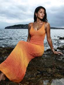 Nevyona Women's Basic Fashion Holiday Summer Beach Gradient Knit Slip Dress - Orange - View 5