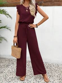 SHEIN Frenchy 女款休閒度假通勤純色蕾絲飾邊上衣與寬腿褲兩件套，春/夏 - 酒紅色 - 查看 3