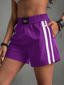SHEIN Sports 女士弹力腰带休闲百搭日常户外运动短裤紫色运动短裤紫色短裤女士运动短裤 - 紫羅蘭色 - 查看 4