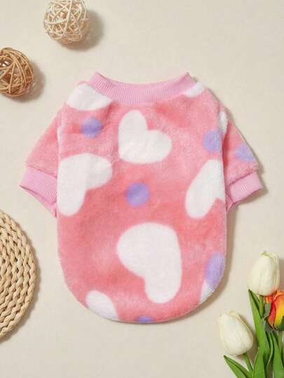 PETSIN 1 Peça Flanela Rosa com Estampa de Coração Quente, Gola Redonda para Cachorro e Gato, Universal