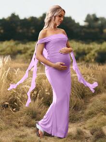 Cheriluna Maternity Đầm bầu maxi hở vai, màu trơn, thích hợp cho tiệc Giáng sinh, tiệc trang trọng, tiệc mừng em bé sắp chào đời. - Màu tím - Xem 4