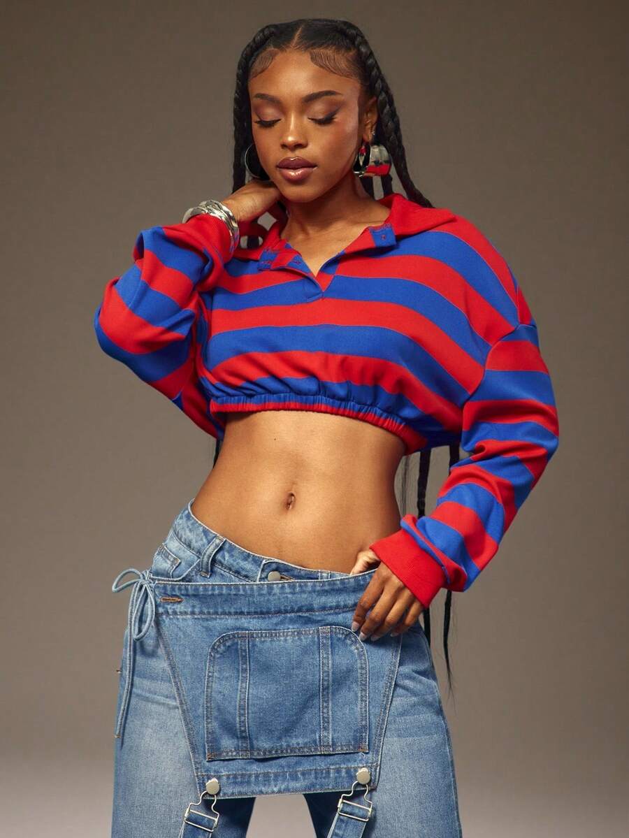 Denimoi Áo polo tay dài dáng ngắn, cổ bẻ, kẻ sọc, kiểu dáng thời trang. - Nhiều màu - Xem 1