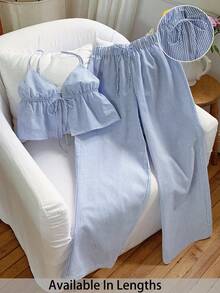 SHEIN PETITE CURVE Bộ đồ nữ cỡ lớn đi nghỉ mát gồm áo hai dây kẻ sọc buộc dây phía trước và quần ống rộng, set 2 mảnh thường ngày, bộ đồ mùa hè nữ, set đồ cotton 2 mảnh họa tiết kẻ caro. - Xanh và trắng - Xem 3