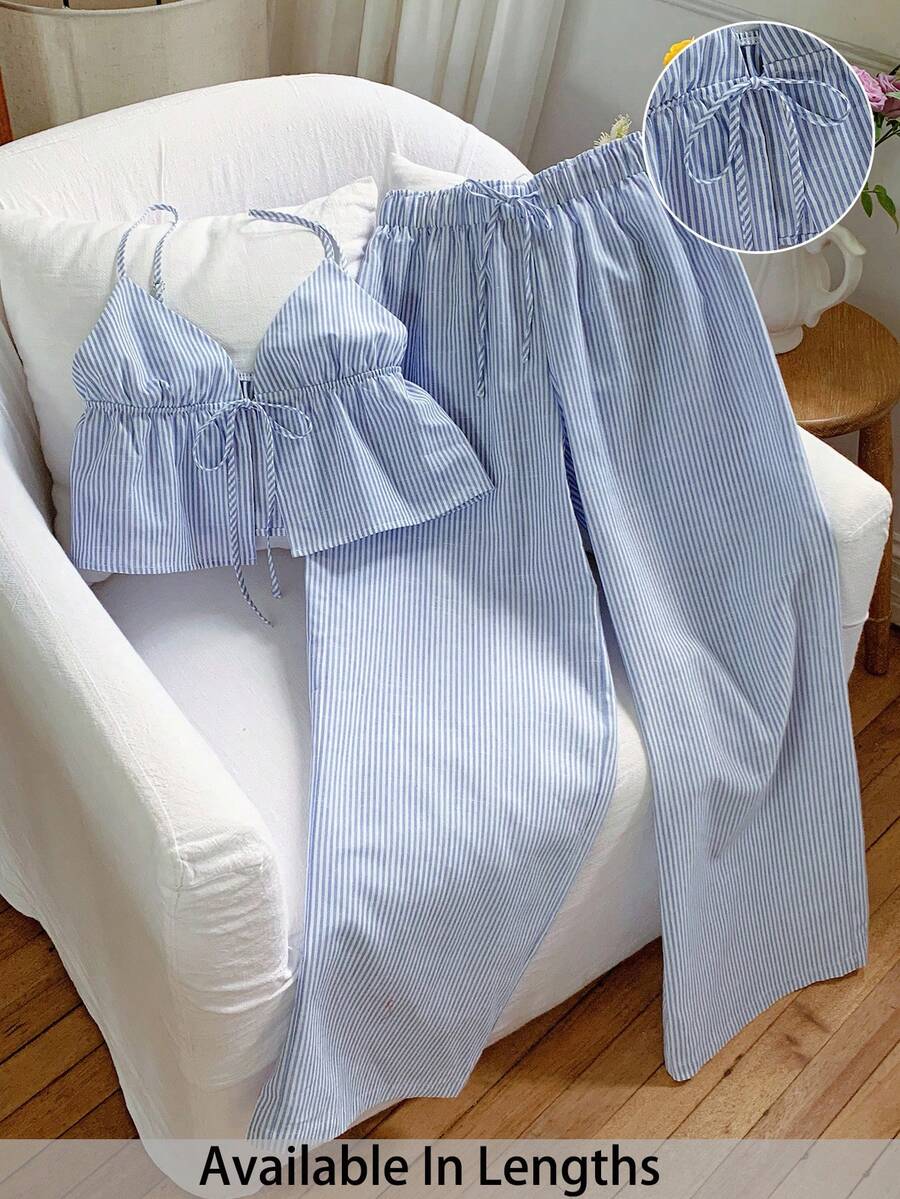 SHEIN PETITE CURVE 大码女式度假条纹系带吊带背心和阔腿裤休闲两件套 女式夏季套装 夏季女式套装 纯棉两件套 格纹套装 - 藍白色 - 查看 1