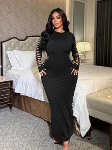 NU&NOW 大码女士性感透视激光镂空长袖连衣裙，适合日常、办公、外出、派对、聚会等多种场合。 - 黑色 - 查看 3