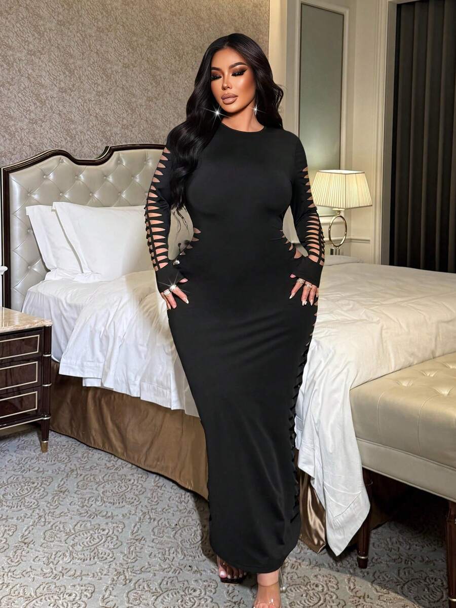 NU&NOW Plus Size Women Sexy Sheer Laser Cut Long Sleeve Dress, Versatile For Daily, Office, Outing, Party, Gathering - Black - View 1