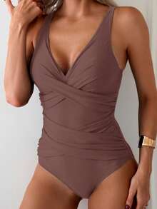 Swim Basics Áo tắm liền thân tối giản màu trơn dành cho nữ, kiểu quấn chéo, thích hợp cho kỳ nghỉ biển. - Màu nâu  Mocha - Xem 3