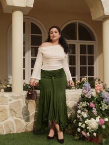 SHEIN MOD Plus Size High Waist Ruffle Asymmetrical Hem Skirt Army Green Midi Skirt Tie Skirt Wrap Skirt Asymmetrical Skirt Army Green Tie Skirt - Army Green - View 6