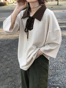 FRIFUL Women's Apricot Patchwork Contrast Color Drawstring Bow Textured Loose Casual Versatile T-Shirt - Apricot - View 3