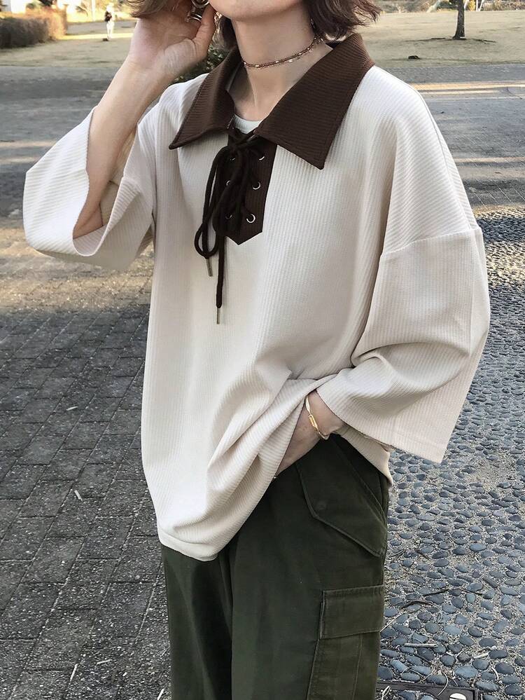 FRIFUL Women's Apricot Patchwork Contrast Color Drawstring Bow Textured Loose Casual Versatile T-Shirt - Apricot - View 3