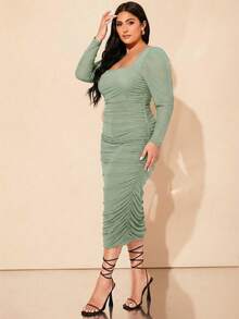SHEIN BAE Vestido largo elegante y cómodo de talla grande con mangas de cordero negro, cuello cuadrado y detalles de malla para el otoño - verde menta - Ver 3