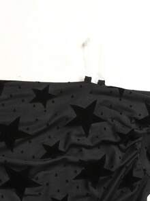 SHEIN Tween Girls Black Star Mesh Asymmetric Shoulder Knit Top, Casual Fashion Versatile - Black - View 4