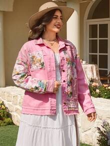 Breezaya Áo khoác denim họa tiết hoa chắp vá dành cho nữ cỡ lớn, thích hợp cho mùa xuân/hè. - Hồng - Xem 3
