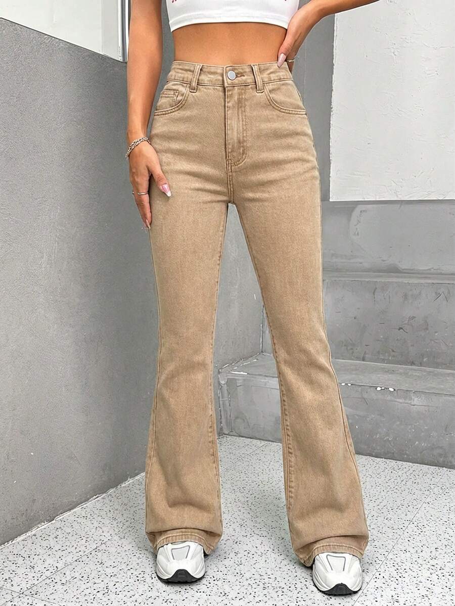 SHEIN PETITE Quần jean denim nữ ống loe cạp cao, kiểu dáng thường ngày, màu bạc. - Màu Khaki - Xem 1