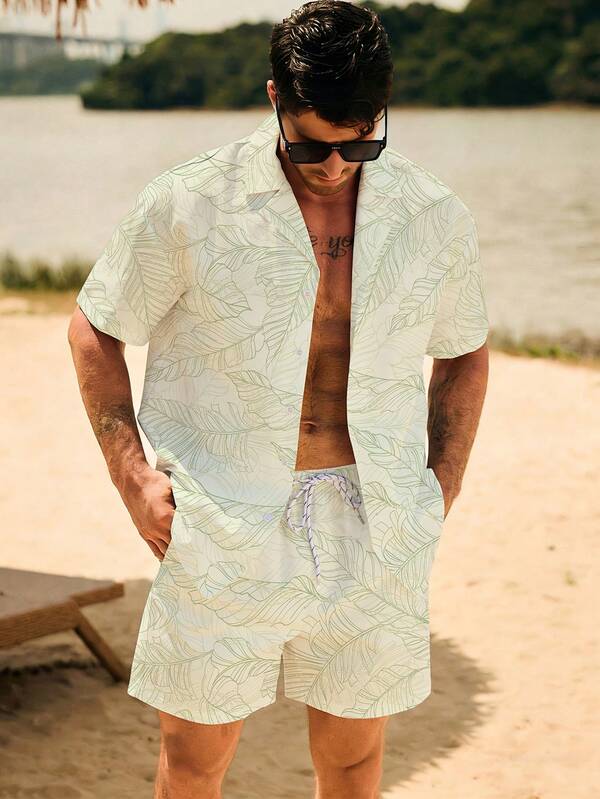 Palasendo بدلة شاطئ مكونة من قميص كم قصير مطبوع بنباتات استوائية وشورت