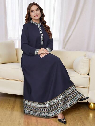 SHEIN Najma Plus Size Women's Fair Isle Geometric Floral Digital Print Fashion Button Collar Long Sleeve Maxi Dress, Spring/Summer