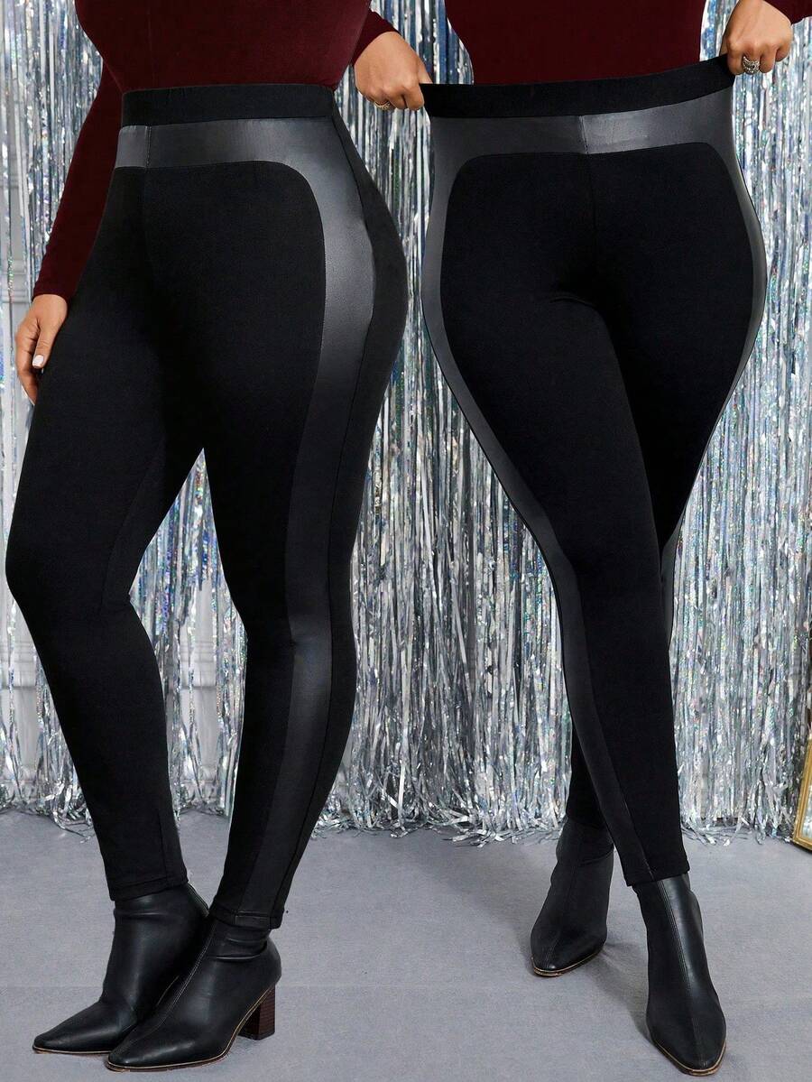 SHEIN Clasi 大码简约纯色拼接打底裤，休闲日常女装派对纯色时尚网纱拼接打底裤高腰打底裤大码打底裤仿皮打底裤黑色打底裤黑色皮裤 - 黑色 - 查看 1