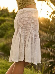 Aralina 女士弹力腰带花卉蕾丝荷叶边中长裙 - 白色 - 查看 9