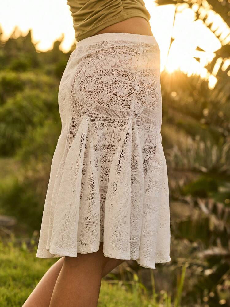 Aralina 女士弹力腰带花卉蕾丝荷叶边中长裙 - 白色 - 查看 9