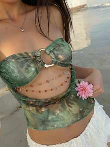 Aloruh Áo croptop gợi cảm phong cách Y2K với cổ khoét sâu đính hạt, trang trí kim loại, họa tiết da báo, chất liệu vải lưới, màu xanh lá cây, thích hợp cho các bữa tiệc, lễ hội âm nhạc, Ngày Thánh Patrick. - màu xanh lá - Xem 8