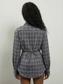 COUREZ Long Sleeve Cinched Shirt In Grid Check /Summer Tops Y3K Y2K Vintage - Black - View 5
