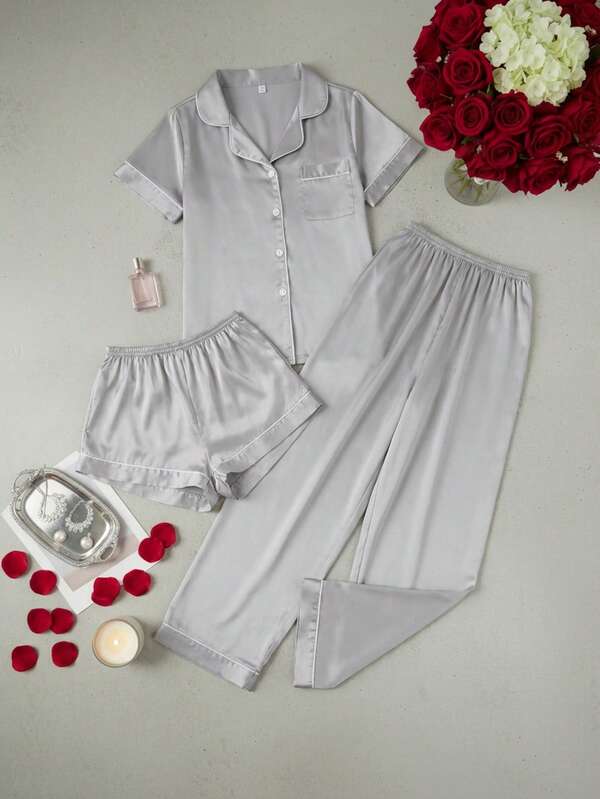 Set de 3 piezas de pijama de mujer con contraste de ribete unicolor de satén sintético con cuello