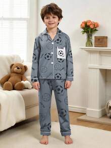 Boys' Panda Print Button-Front Long Sleeve Top And Pants Comfortable Pajama Set - Grey - View 4