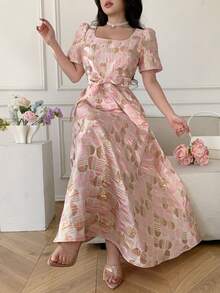 Celisse Textured Puff Sleeve Midi Dress, Square Neck, Cinched Waist Bow, Romantic Style For Dates And Commute, Elegant Tea Length Dress - Pink - View 3