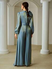 ZEYLAH Mono elegante de mujer con decoración de lazo y mangas de farol - Azul - Ver 3