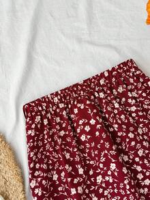 SHEIN 少女酒红色碎花高低摆半身裙 - 酒紅色 - 查看 3