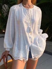 Livesso Lace Patchwork Loose Casual Women Shirt - White - View 7