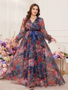 Modelyn 大码女士优雅印花长裙，交叉V领，长袖，系带腰身，A字廓形，适合度假穿着 - 彩色 - 查看 8