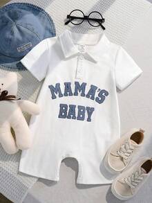 SHEIN 2件套男女宝宝牛仔标语刺绣短袖连体衣和牛仔遮阳帽套装，春夏男宝宝服装，套装，复活节 - 藍色 - 查看 4