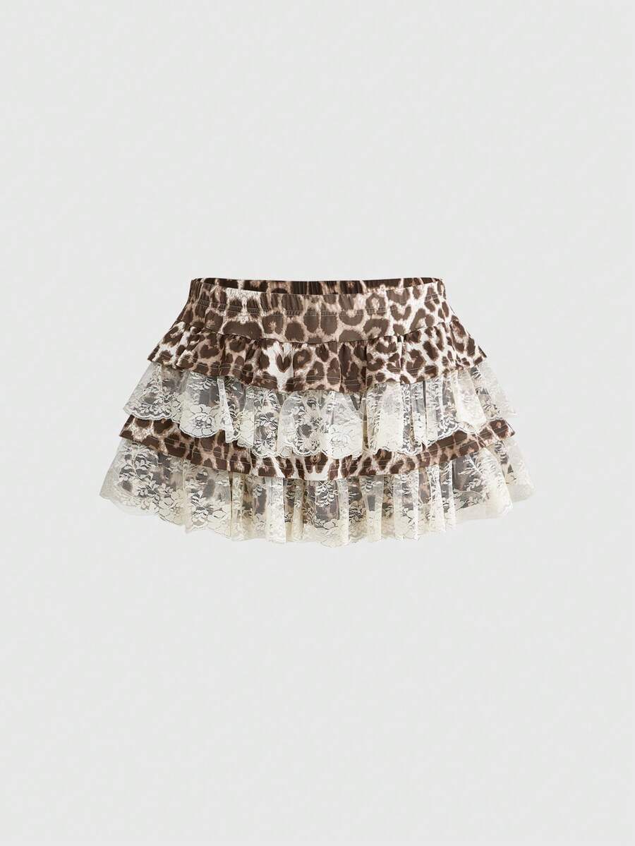 ROMWE Grunge Punk Y2K Retro Leopard Print Lace Patchwork Low Waist Mini Skirt For Women - Khaki - View 1