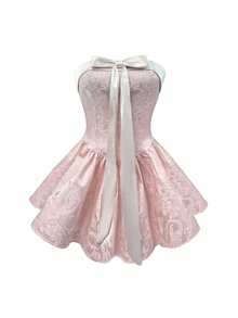 Glamine Charm 缎面拼接3D蝴蝶结领迷你裙连衣裙，吊带A字裙，适合派对/假日春季穿着，毕业/返校季可爱连衣裙，圣诞节 - 粉色 - 查看 4