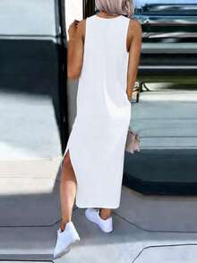 INAWLY Einfarbiges Rundhals-Ärmelloses Lässig Loose Fit Tanktop Kleid mit Schlitz-Saum - Weiss - Übersicht 4