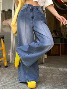 FRIFUL 女士带口袋纽扣休闲百搭日常穿着阔腿牛仔裤 - 藍色 - 查看 6