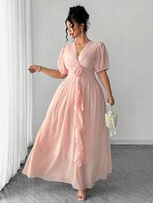 Elenzga 大码女士优雅雪纺V领3D玫瑰装饰灯笼袖褶皱荷叶边中长连衣裙，适合晚宴、约会等场合 - 香檳色 - 查看 5