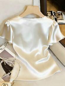 GlowEve Women's Solid Color Short Sleeve Ruffle Trim Square Neck Poplin Blouse - Apricot - View 2