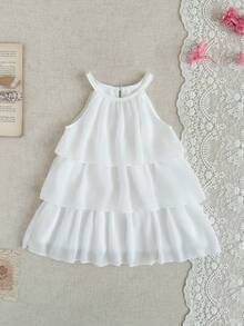 夏季女童无袖雪纺蛋糕裙，纯白色，甜美优雅，适合派对、宴会、婚礼、度假等场合。 - 白色 - 查看 6