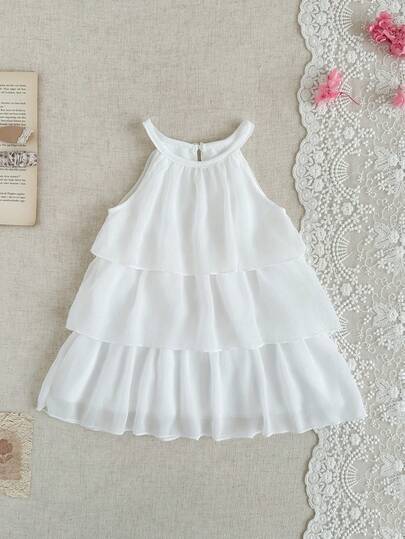 夏季女童无袖雪纺蛋糕裙，纯白色，甜美优雅，适合派对、宴会、婚礼、度假等场合。