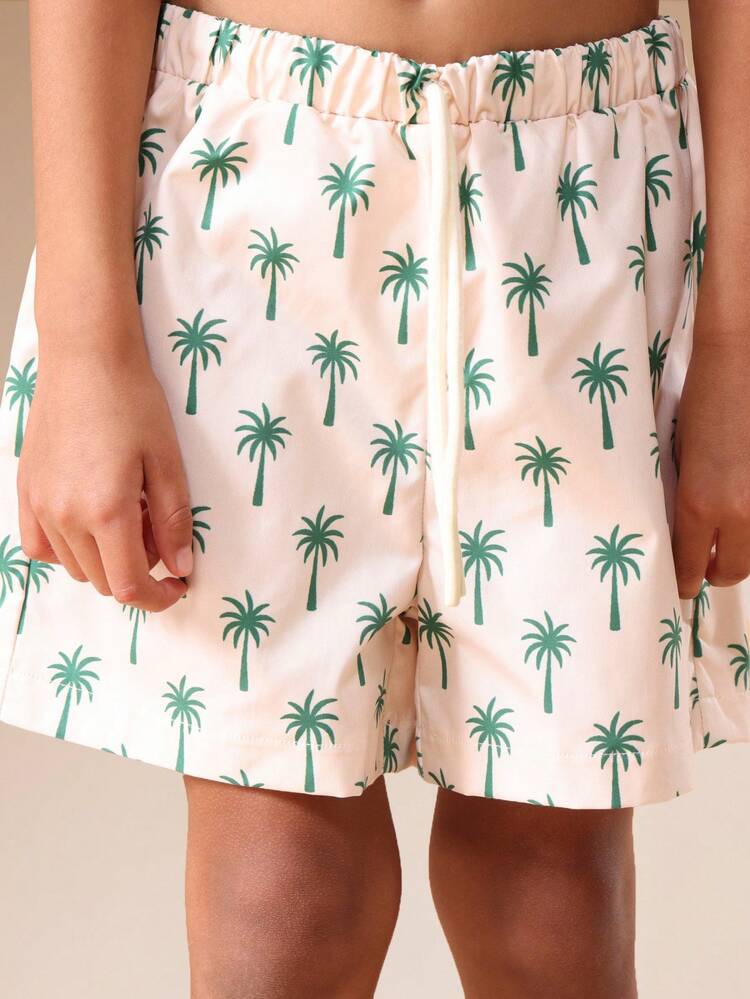 Palm Tree Print Swim Shorts With Drawstring