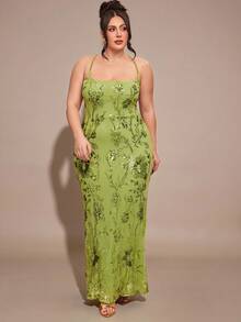 SHEIN BAE Đầm maxi cỡ lớn màu xanh lá cây trơn thêu hoa 3D đính sequin, xuyên thấu, hở lưng, buộc dây, thích hợp cho mùa xuân/hè, đi nghỉ mát, hẹn hò ngày Valentine, đầm ngắn cho phù dâu, đầm sequin sinh nhật, đầm maxi hở lưng, phù hợp cho tiệc tùng, hộp đêm, các dịp trang trọng, đầm dự tiệc cưới mùa thu, đầm dự tiệc cưới dành cho nữ. - màu xanh lá - Xem 5