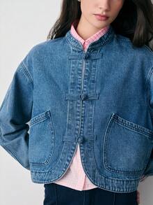 Nöista Denim Jacket With Oriental Style Button, Regular Fit, Mao Collar And Front Pockets, Chinese Style Jacket. Spring, Summer Outfit, Casual Outfit For Women. - Medium Wash - View 4