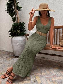 EURMUSE Solid Color Sleeveless Fitted Long Knit Jacquard Lining Dress Cover Up - Hijau Tentara - View 6